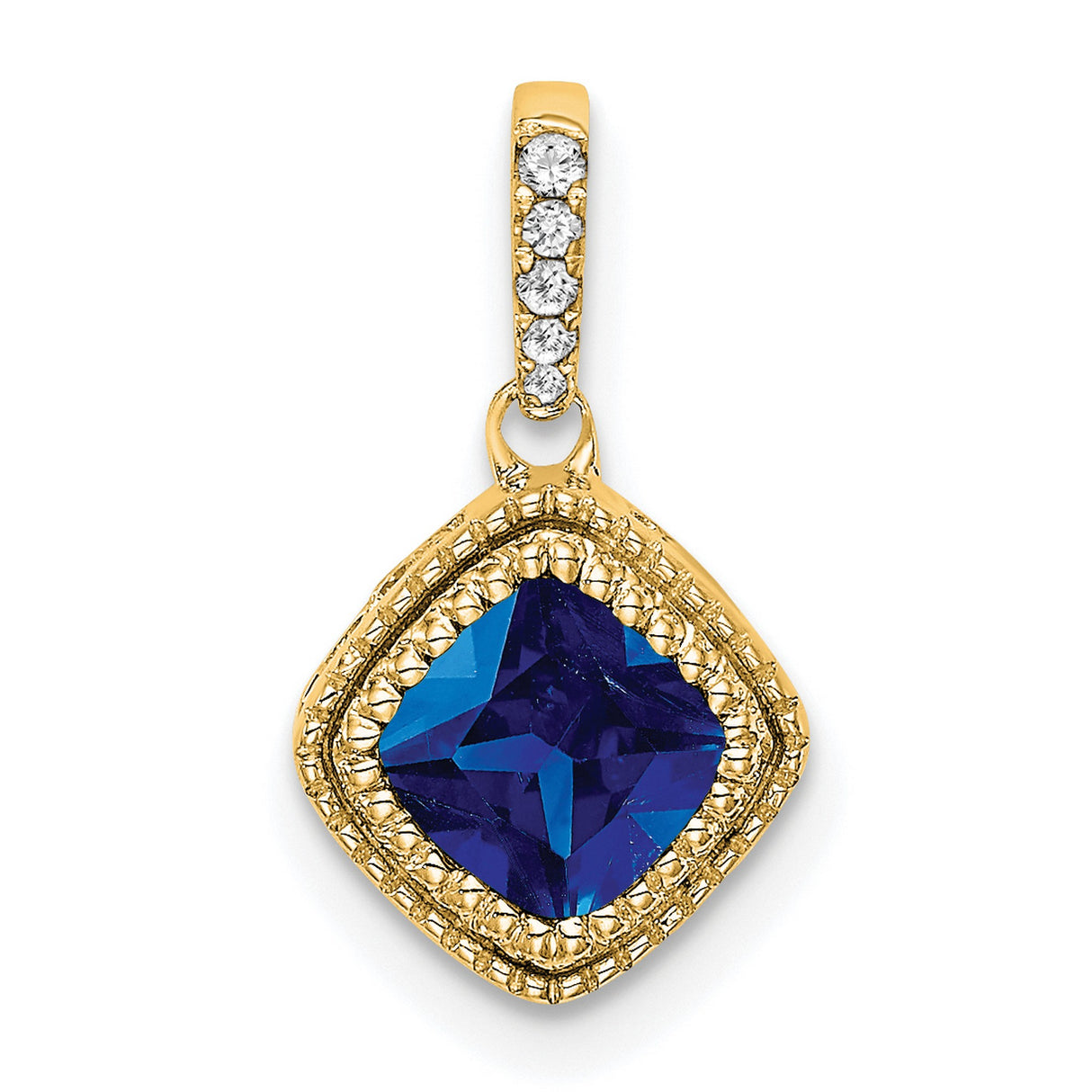 Cushion Sapphire and Diamond Charm Pendant in Real 14k Yellow Gold