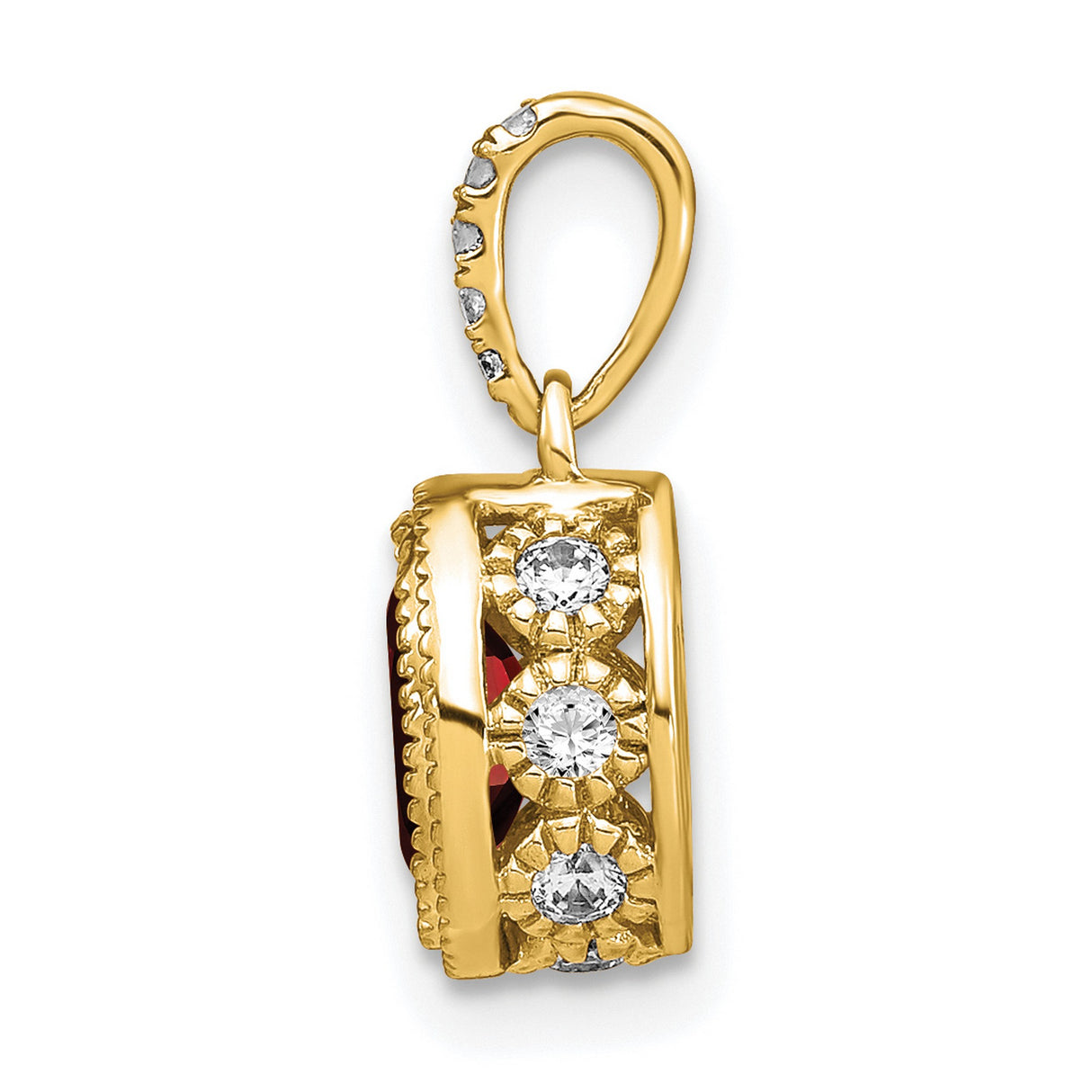 14k Yellow Gold Garnet Pendant with Diamond Accents, Textured Bezel Setting, January Birthstone