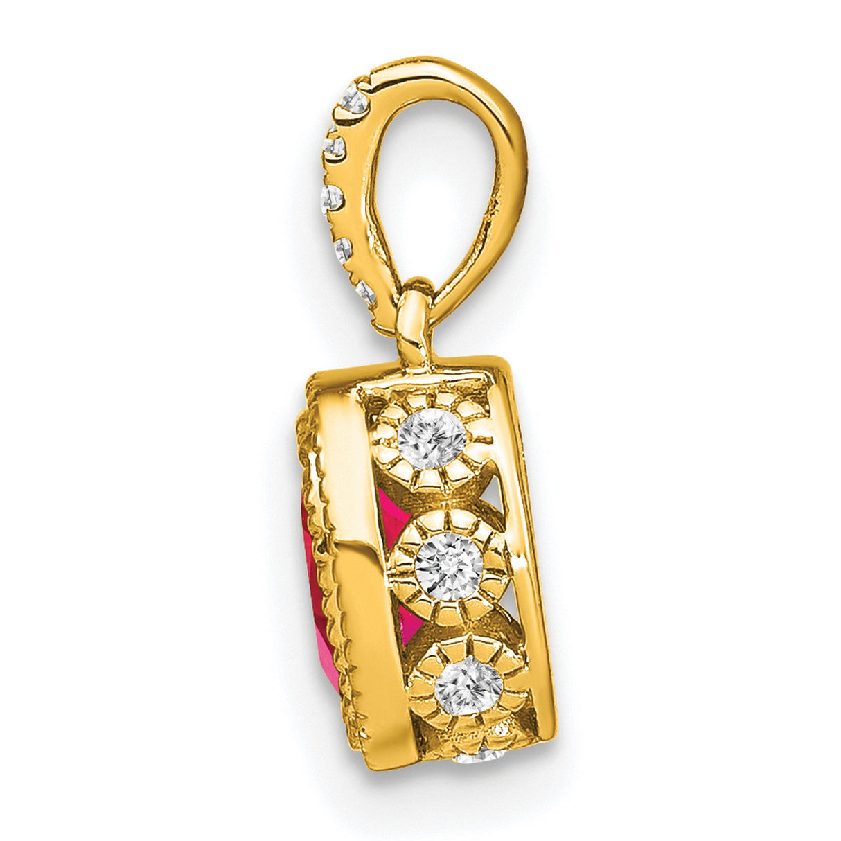 14k Yellow Gold Ruby Pendant with Diamond Accent Bail and Textured Bezel Setting