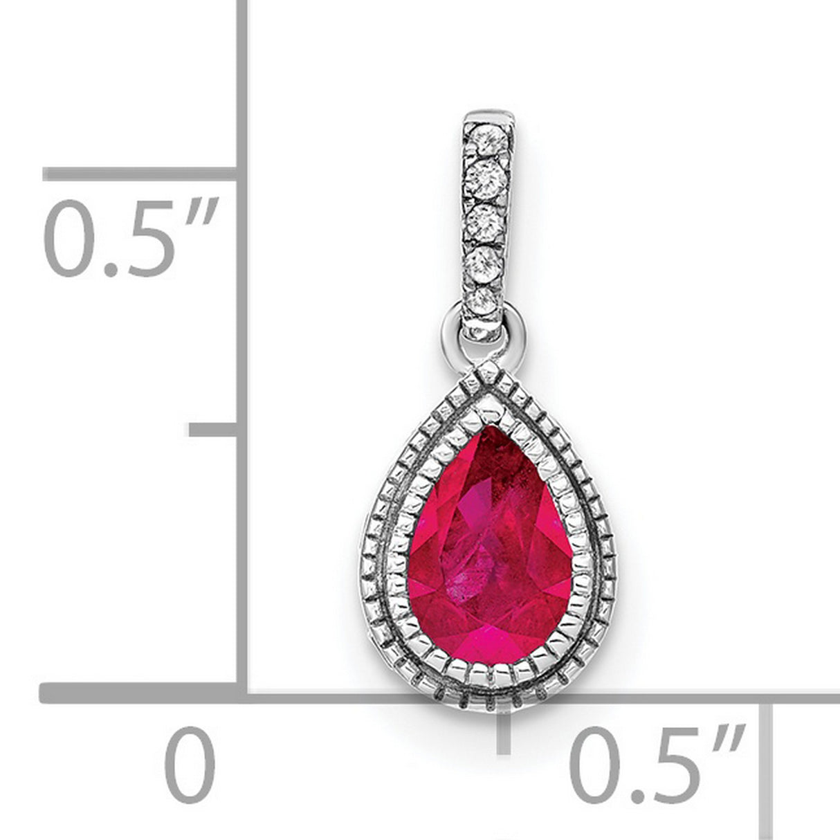 14k White Gold Ruby Pendant with Pear Shape and Diamond Halo Design for Women