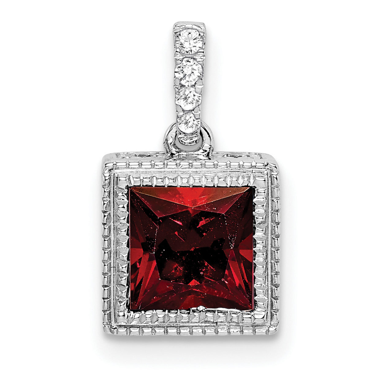 14k White Gold Garnet Pendant with Diamond Accents, Vintage Style January Birthstone Jewelry