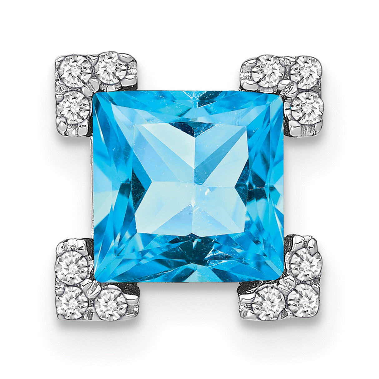 14k White Gold Pendant with Square Swiss Blue Topaz and Diamond Accents, Modern Symmetrical Design