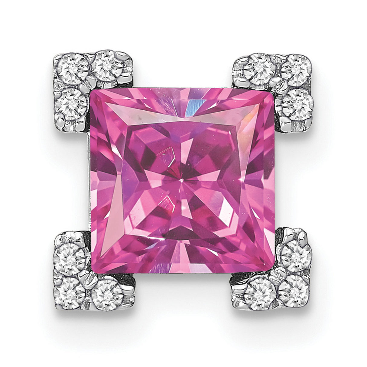 14k White Gold Pendant with Princess Cut Pink Sapphire and Diamond Cluster
