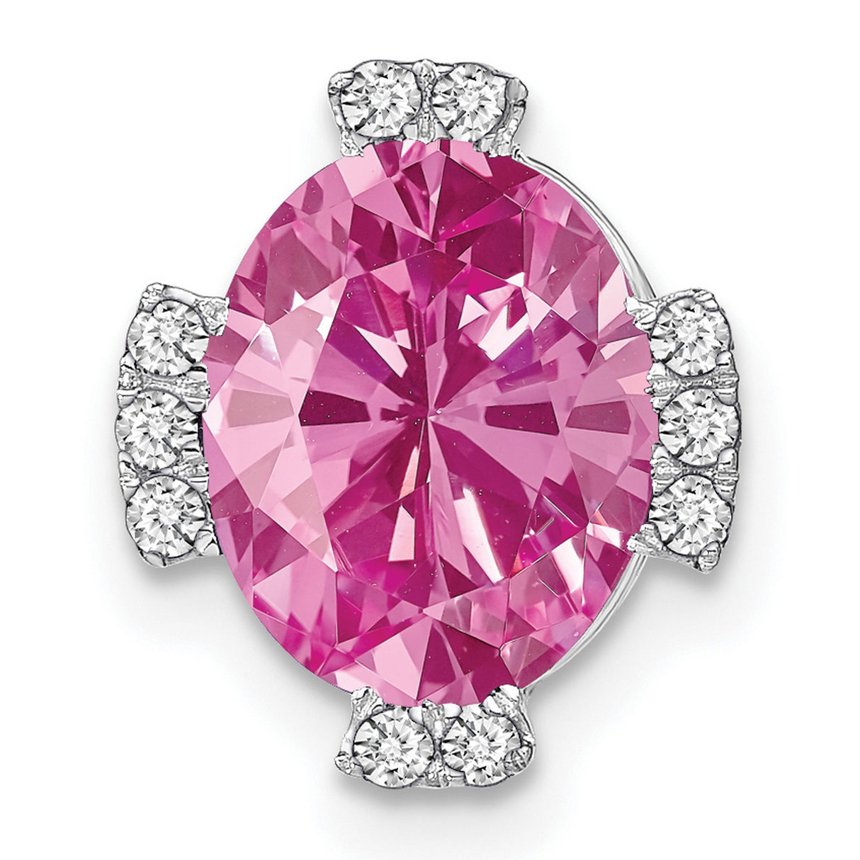 14k White Gold Pendant with Oval Pink Lab Created Sapphire and Diamond Accents, Cross Design