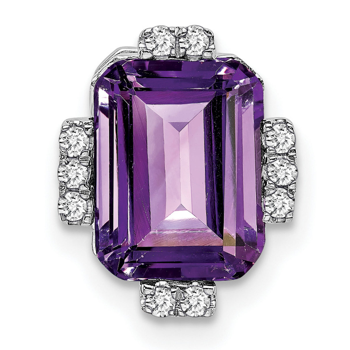14k White Gold Pendant with Emerald Cut Amethyst and Round Diamond Accents for Women
