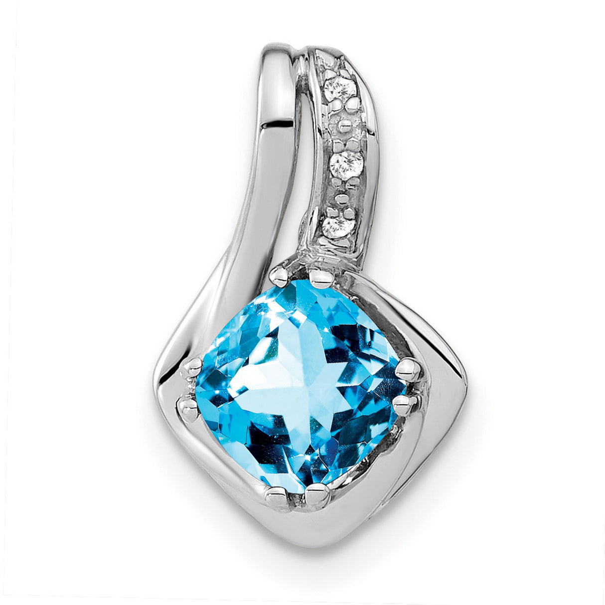 10k White Gold Pendant with Cushion Cut Swiss Blue Topaz and Diamond Accent Bail