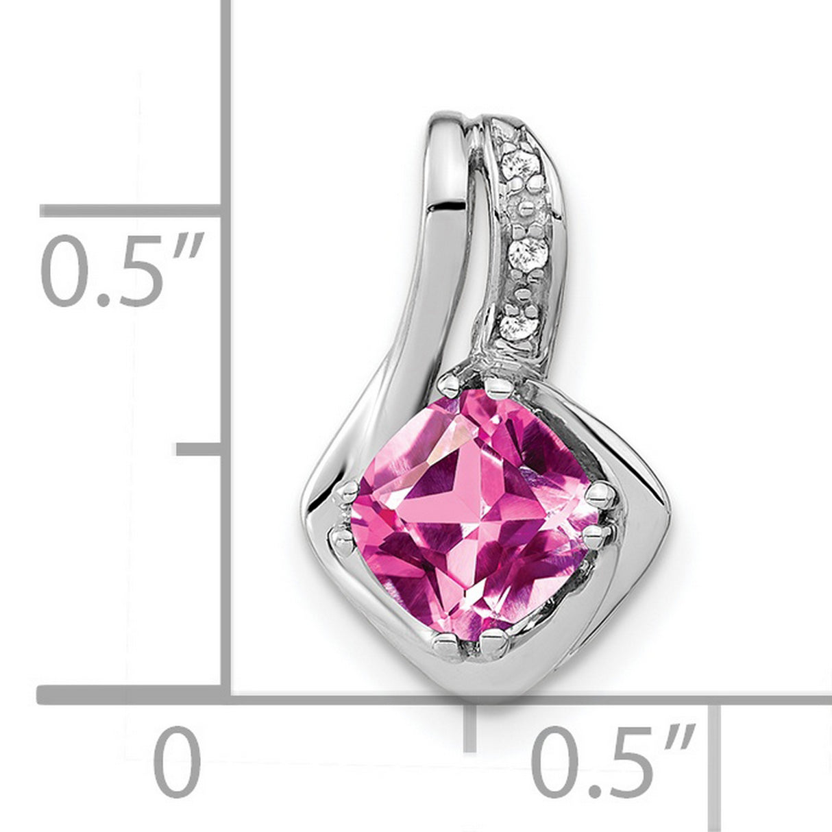 14k White Gold Pendant with Cushion Cut Pink Lab Created Sapphire and Diamond Accents, Swirl Design