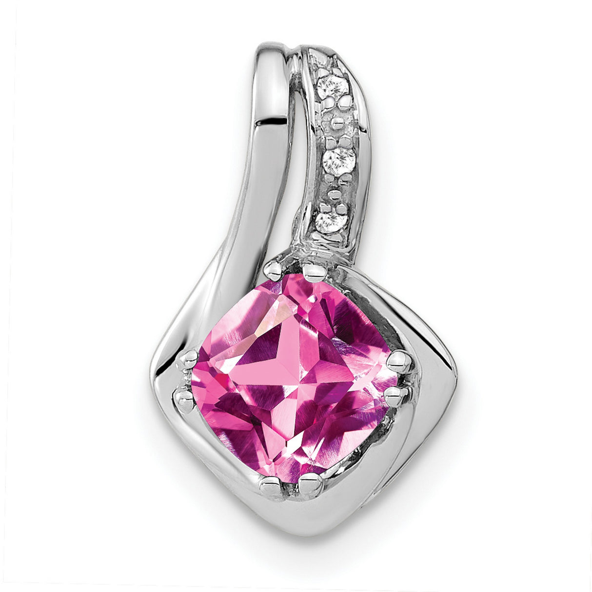14k White Gold Pendant with Cushion Cut Pink Lab Created Sapphire and Diamond Accents, Swirl Design