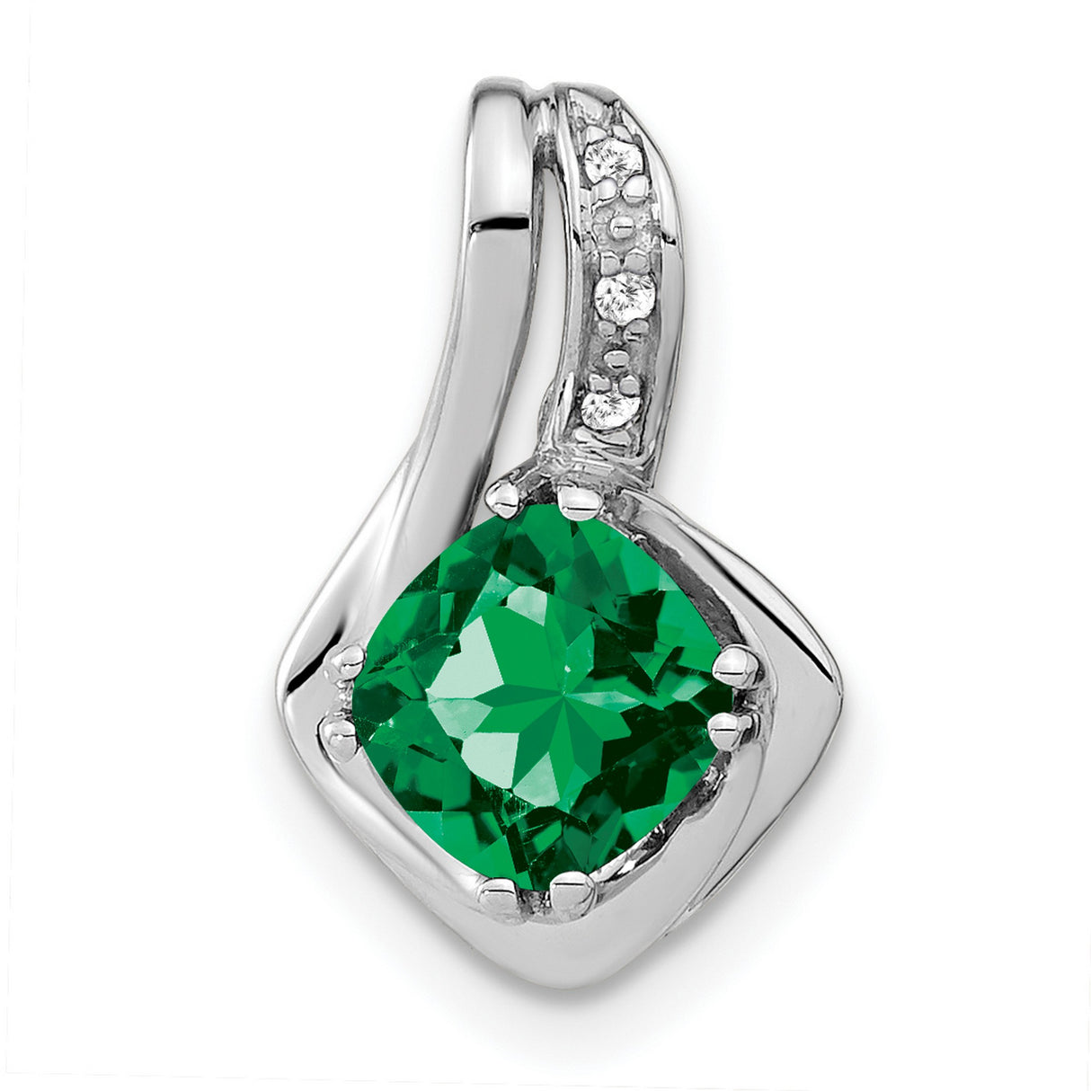 14k White Gold Pendant with Lab Created Emerald and Diamond Accents in Swirl Design