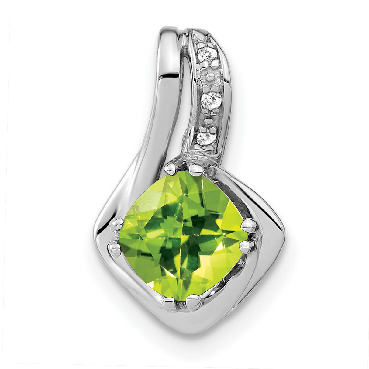 14k White Gold Pendant with Cushion Cut Peridot and Diamond Accent, Modern Elegant Style