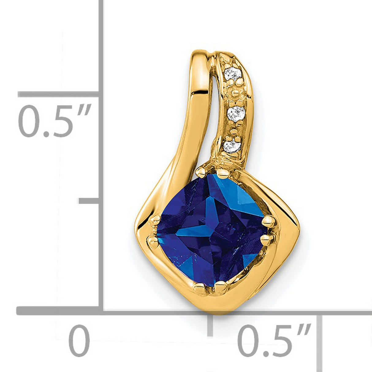 14k Yellow Gold Pendant with Cushion Cut Lab Created Sapphire and Diamond Accents, Asymmetrical Design