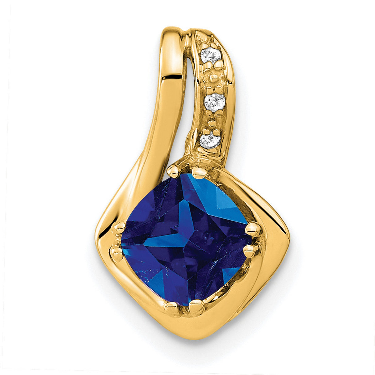 14k Yellow Gold Pendant with Cushion Cut Lab Created Sapphire and Diamond Accents, Asymmetrical Design