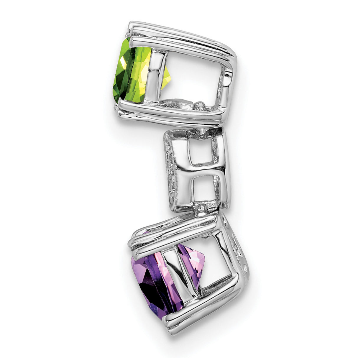 14k White Gold Pendant with Cushion Peridot, Amethyst, and Diamond Accents