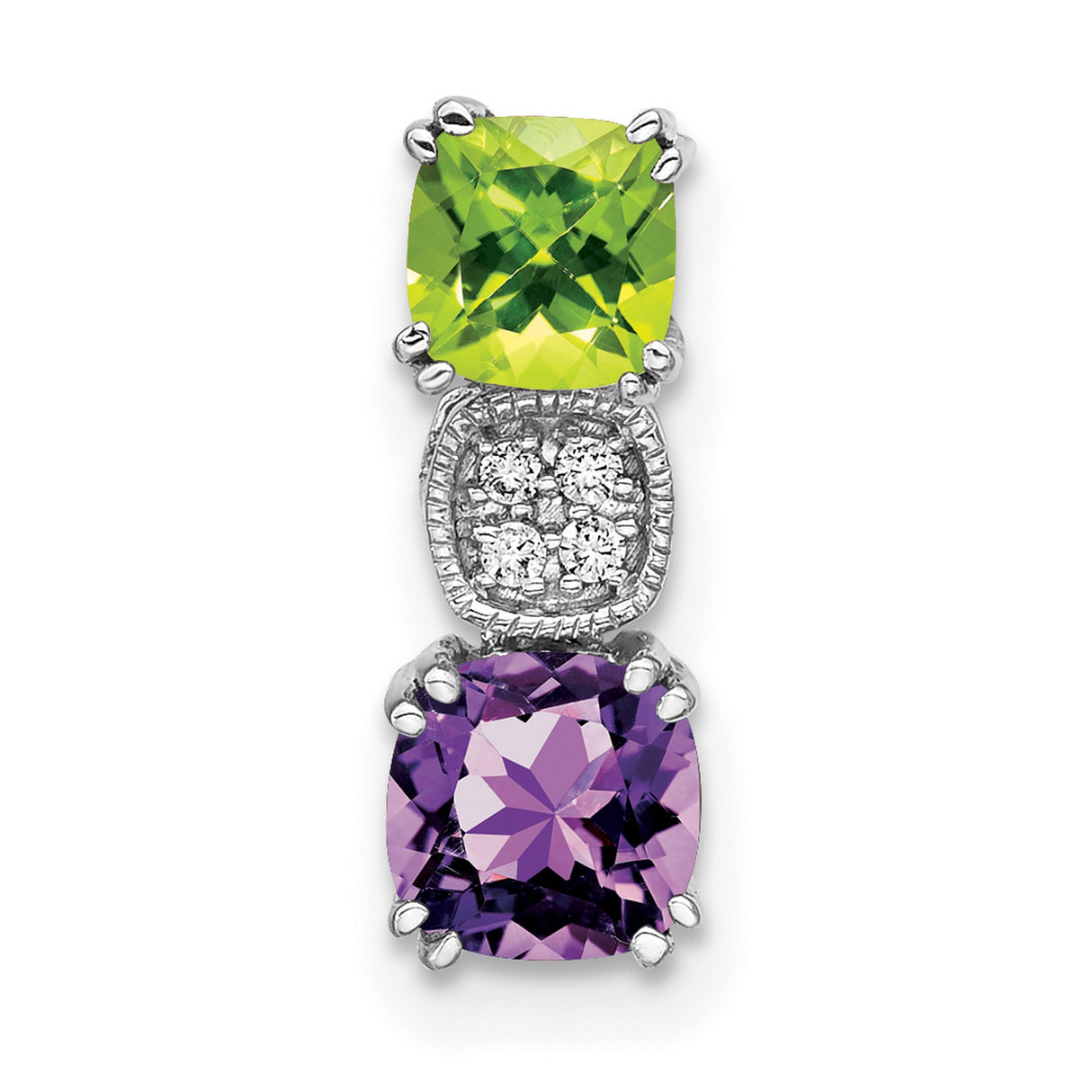 14k White Gold Pendant with Cushion Peridot, Amethyst, and Diamond Accents