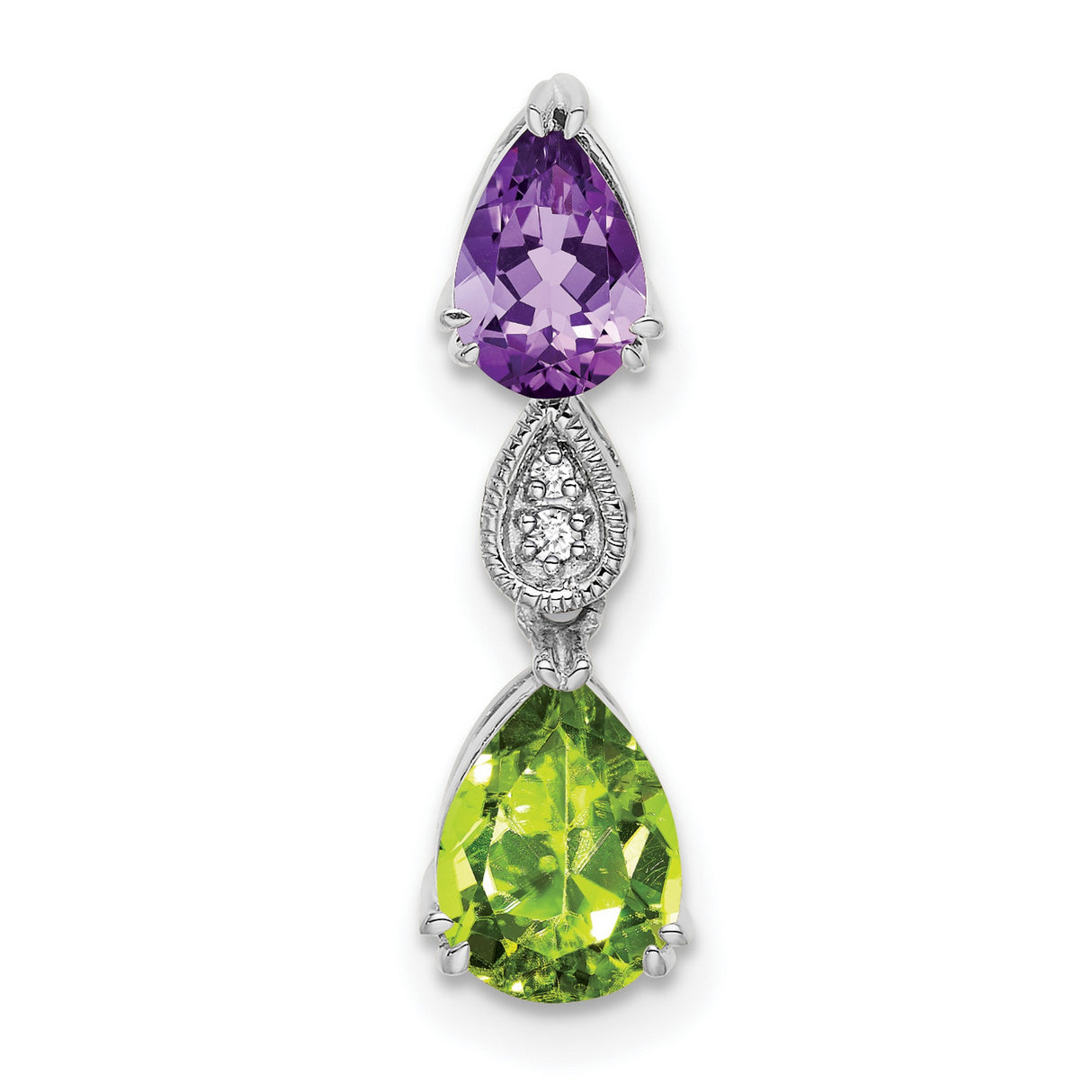 14k White Gold Teardrop Pendant with Peridot, Amethyst, and Diamond Accent