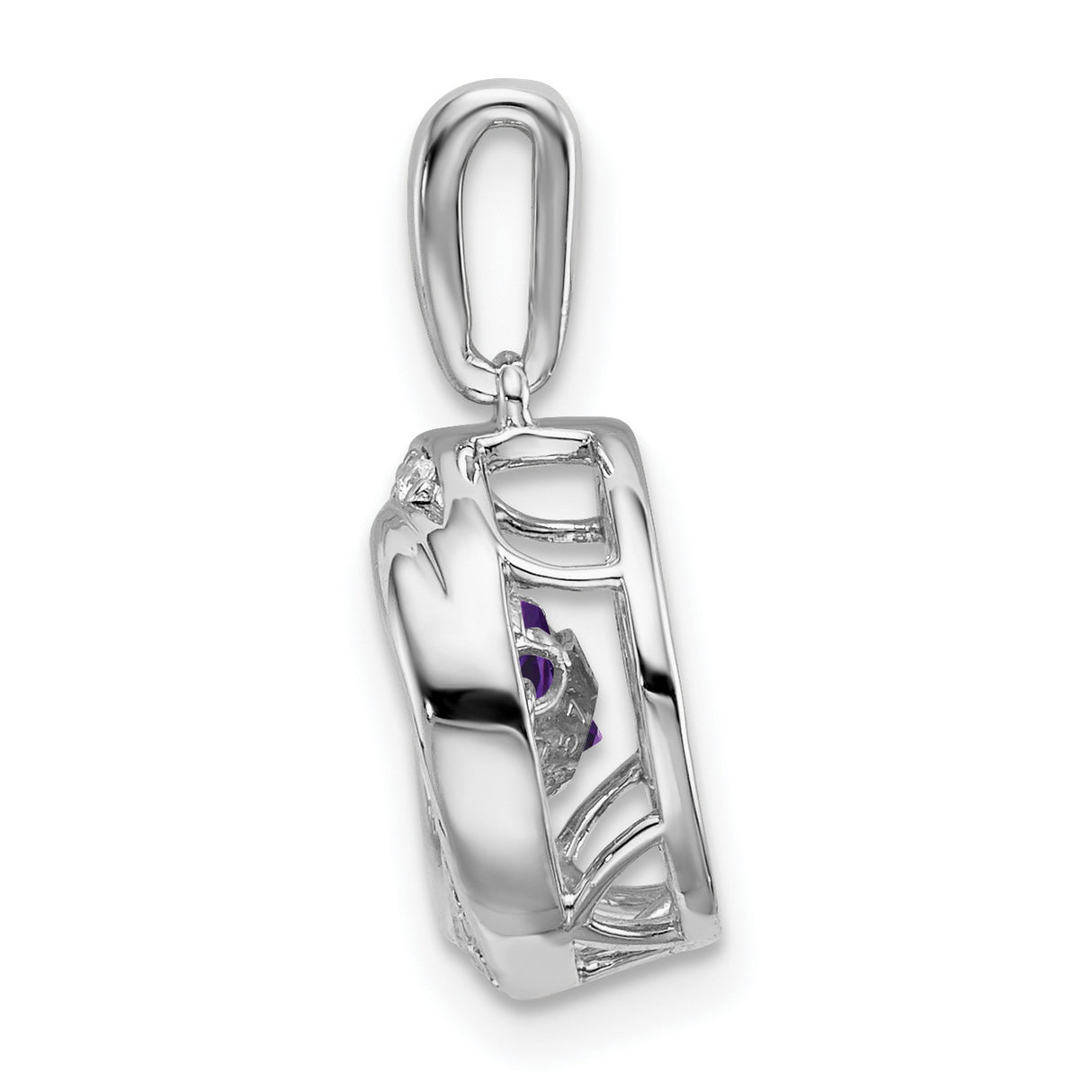 14k White Gold Pendant with Amethyst Center and Diamond Accents, Swirl Design for Women