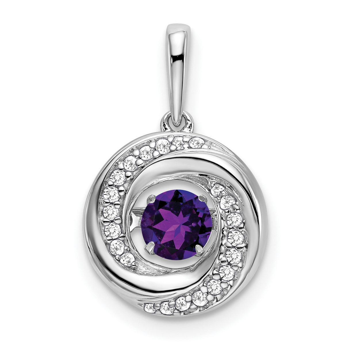14k White Gold Pendant with Amethyst Center and Diamond Accents, Swirl Design for Women