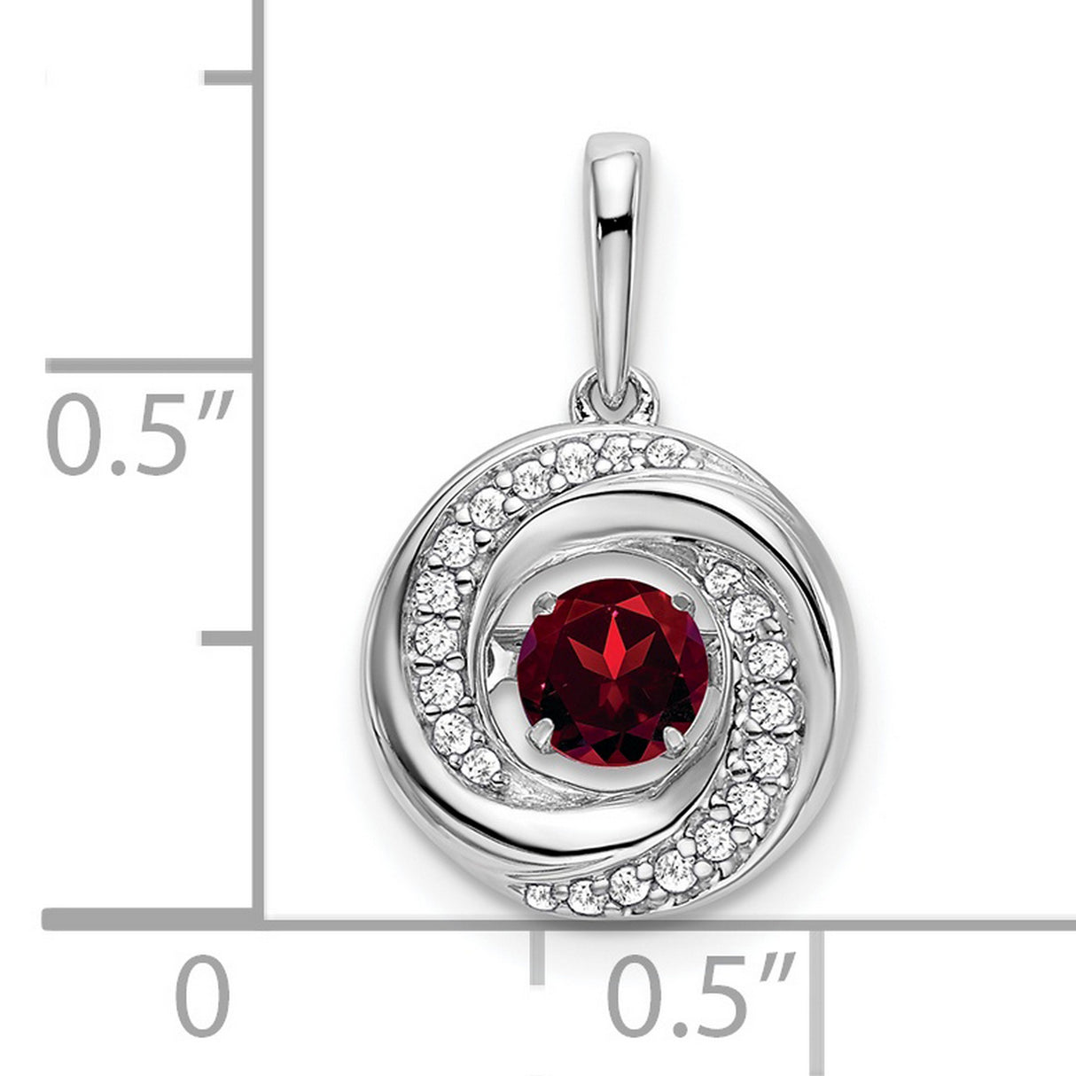 14k White Gold Swirl Pendant with Round Garnet and Pavé Diamonds, Modern Romantic Design