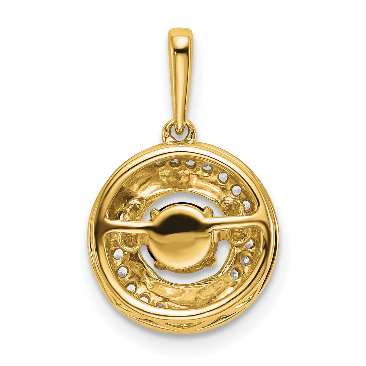 14k Yellow Gold Swirl Pendant with Red Garnet Center and Diamond Accents