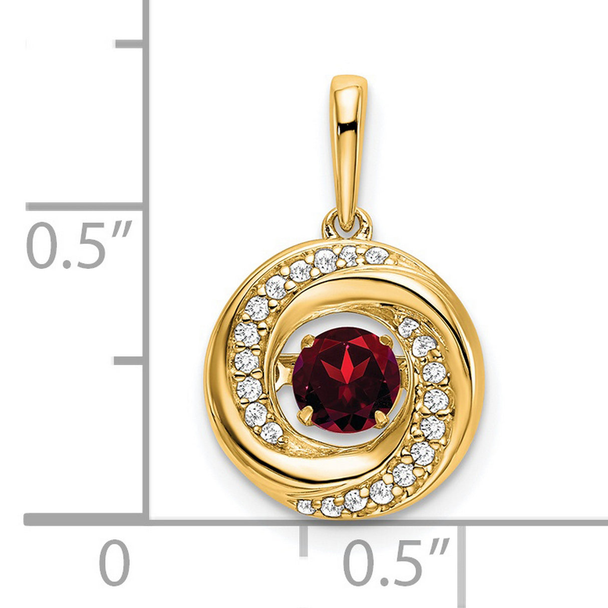 14k Yellow Gold Swirl Pendant with Red Garnet Center and Diamond Accents
