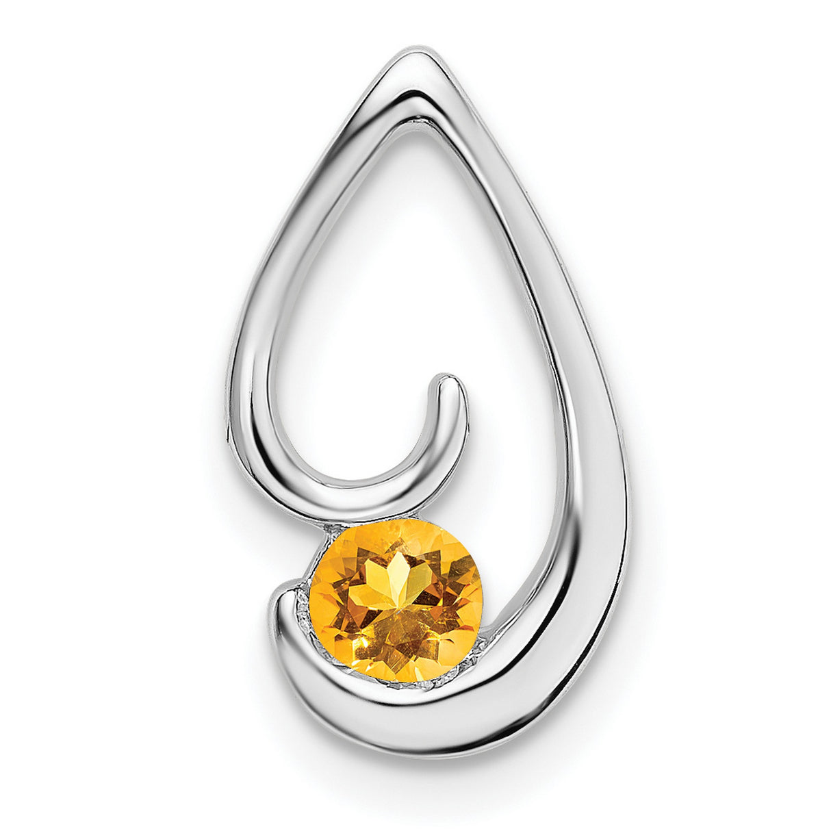 14k White Gold Teardrop Pendant with Citrine, Open Swirl Design, Modern Minimalist Style