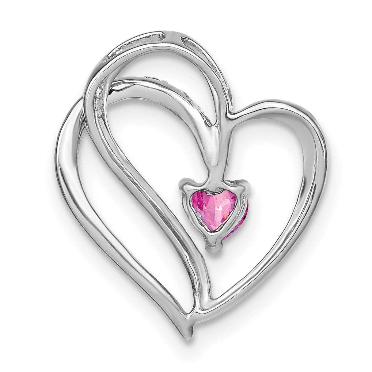 14k White Gold Heart Pendant with Pink Sapphire and Diamond Accents, Romantic Double Heart Design