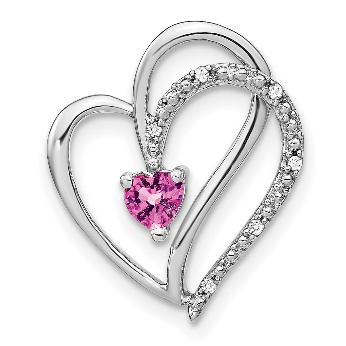 14k White Gold Heart Pendant with Pink Sapphire and Diamond Accents, Romantic Double Heart Design
