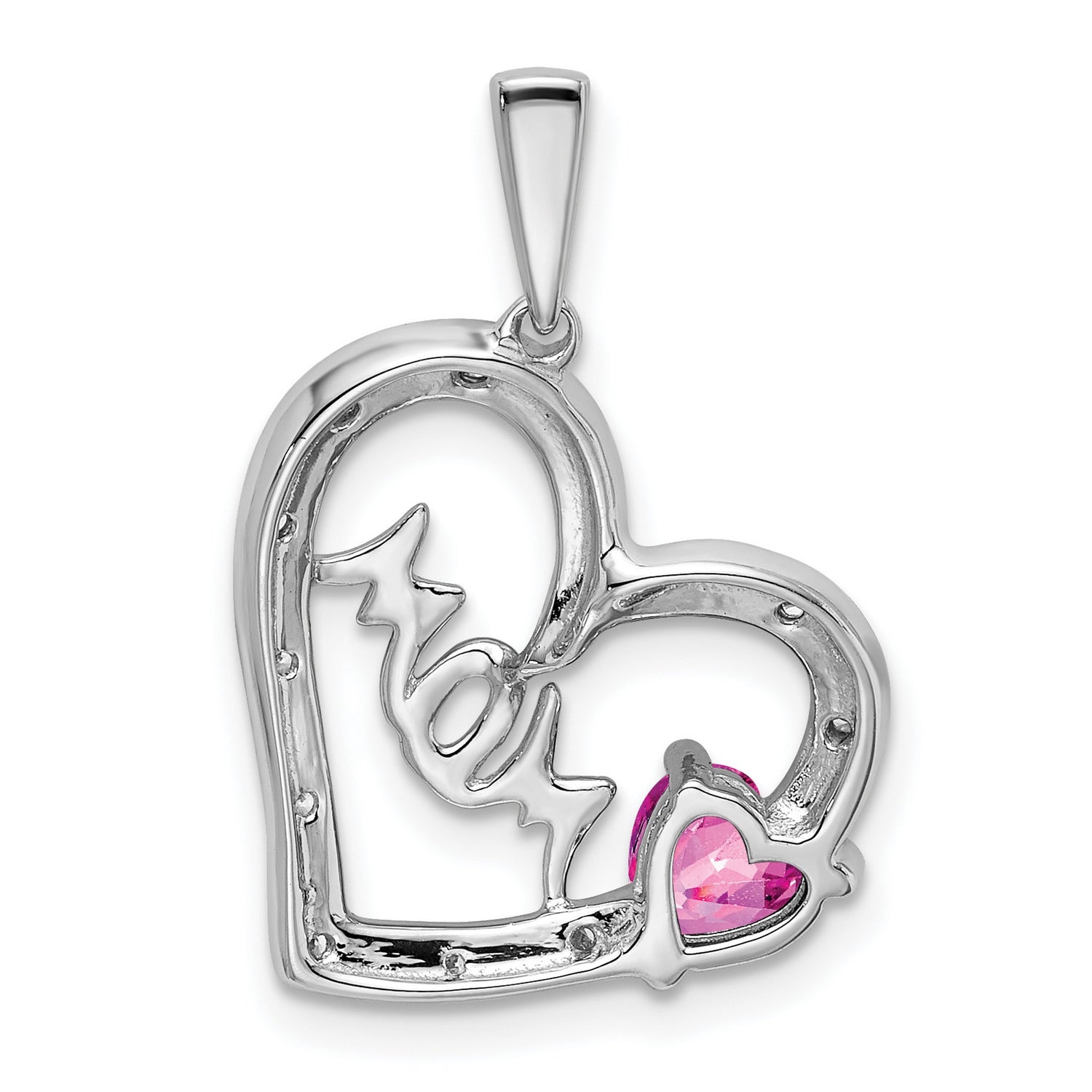 14k White Gold Heart Pendant with Pink Sapphire and Diamond Accents, Mom Script Design for Women