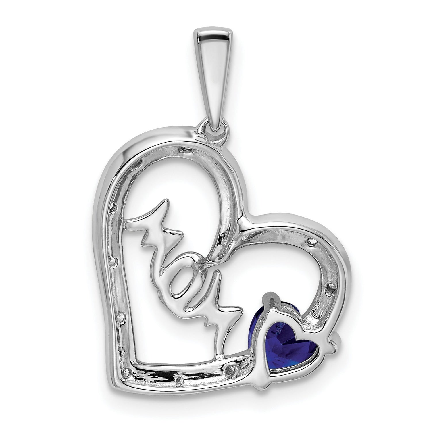 14k White Gold Heart Pendant with Sapphire and Diamond Accent, Mom Script Charm Jewelry