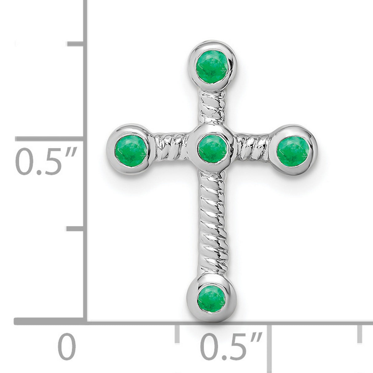 10k White Gold Cross Pendant with Green Emerald, Twisted Rope Spiritual Design
