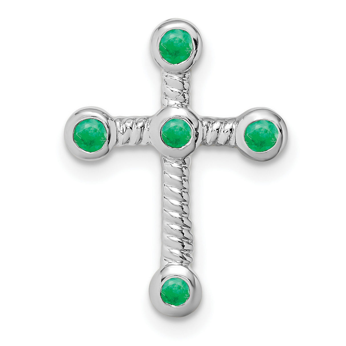 10k White Gold Cross Pendant with Green Emerald, Twisted Rope Spiritual Design