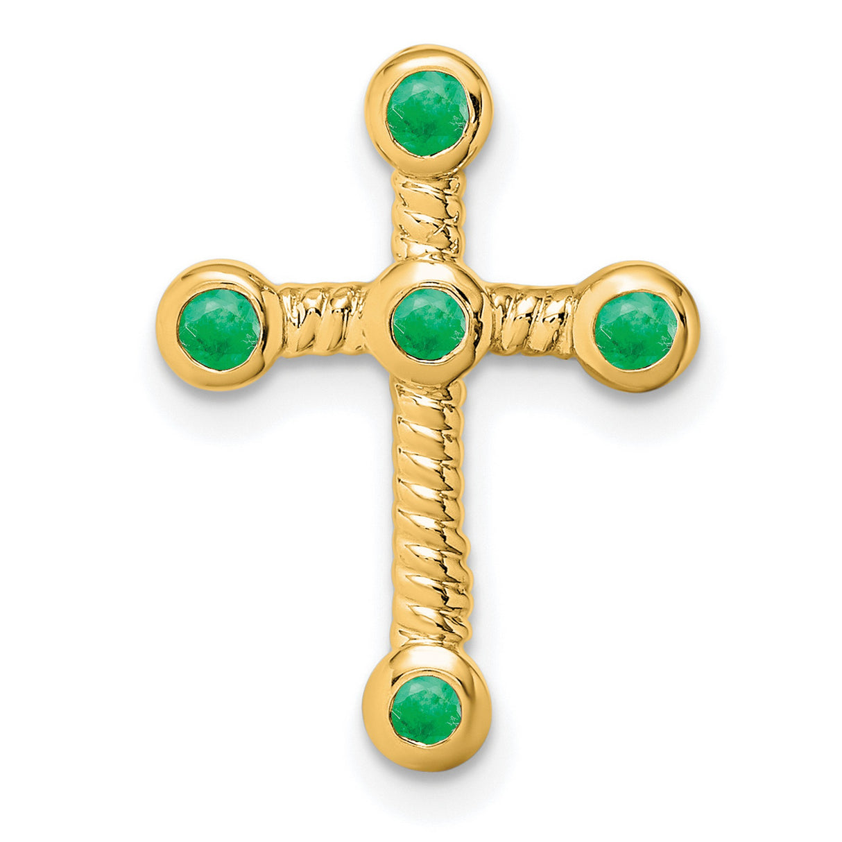10k Yellow Gold Cross Pendant with Emerald, Textured Rope Design, Spiritual Style