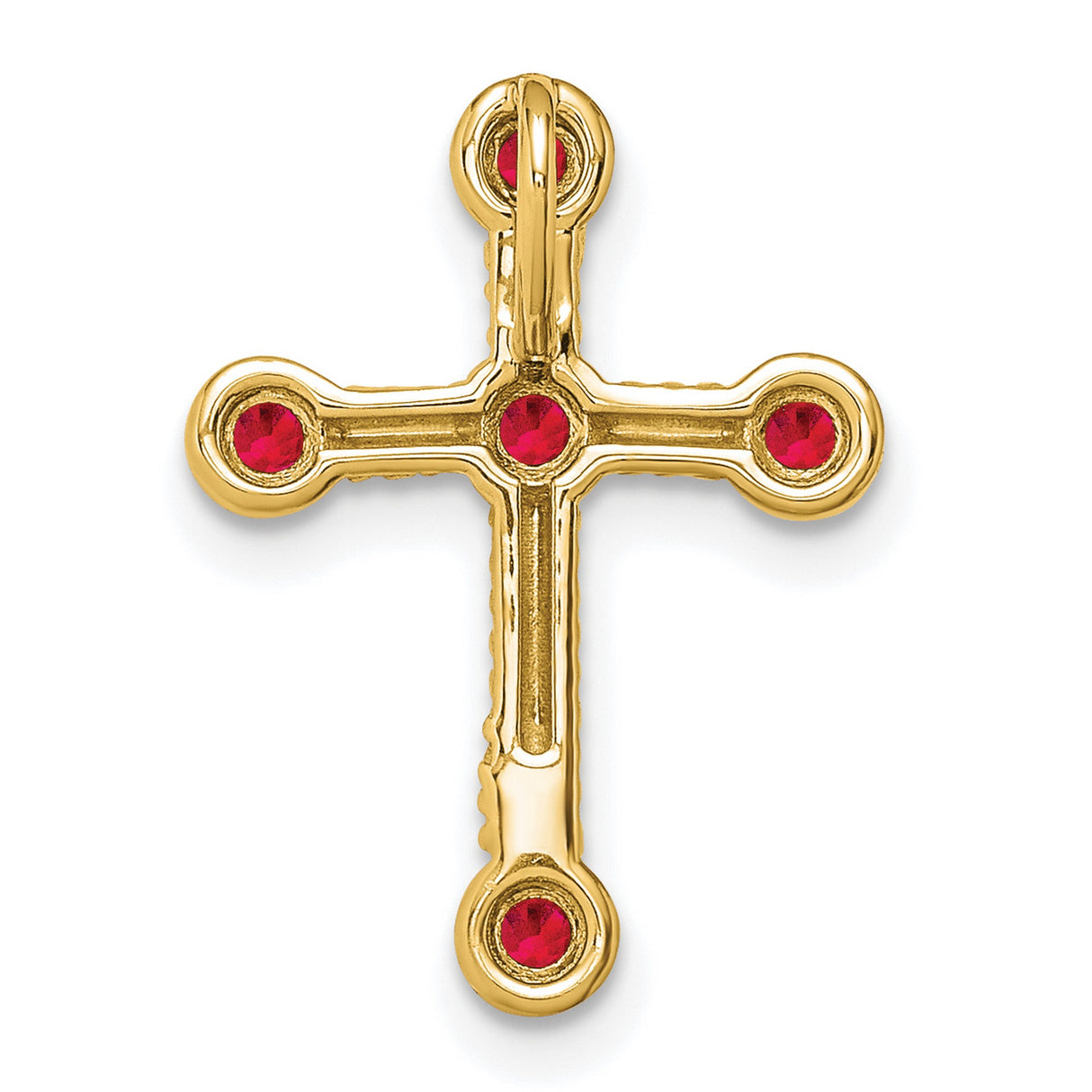 14k Yellow Gold Cross Pendant with Faceted Ruby and Textured Rope Detail