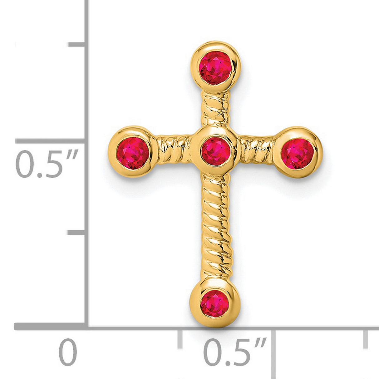 14k Yellow Gold Cross Pendant with Faceted Ruby and Textured Rope Detail