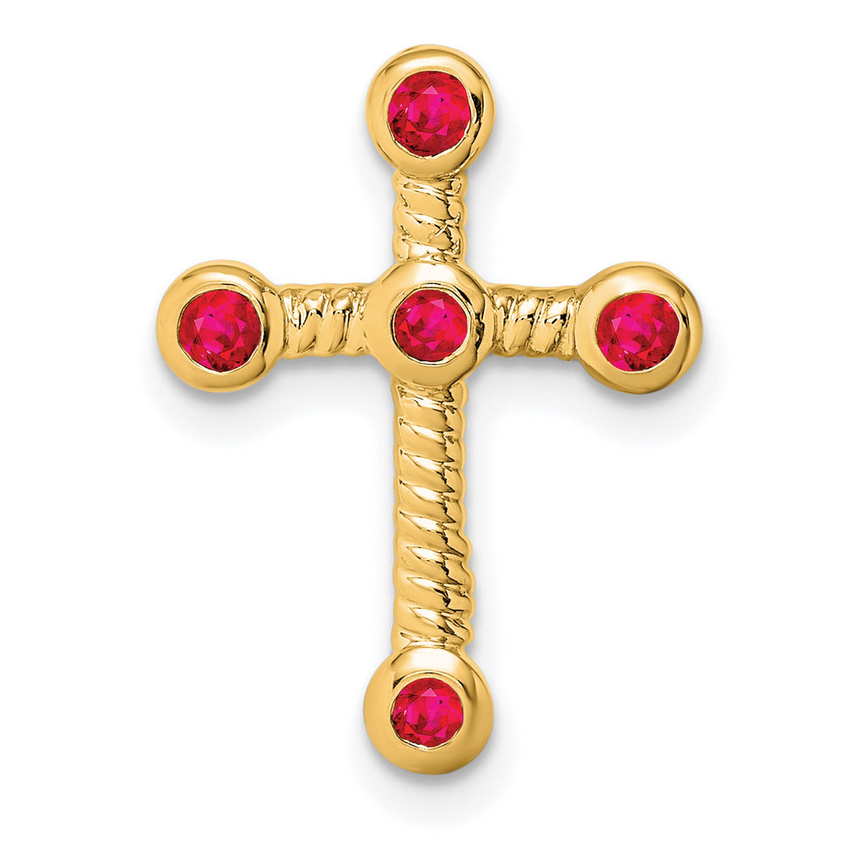 14k Yellow Gold Cross Pendant with Faceted Ruby and Textured Rope Detail