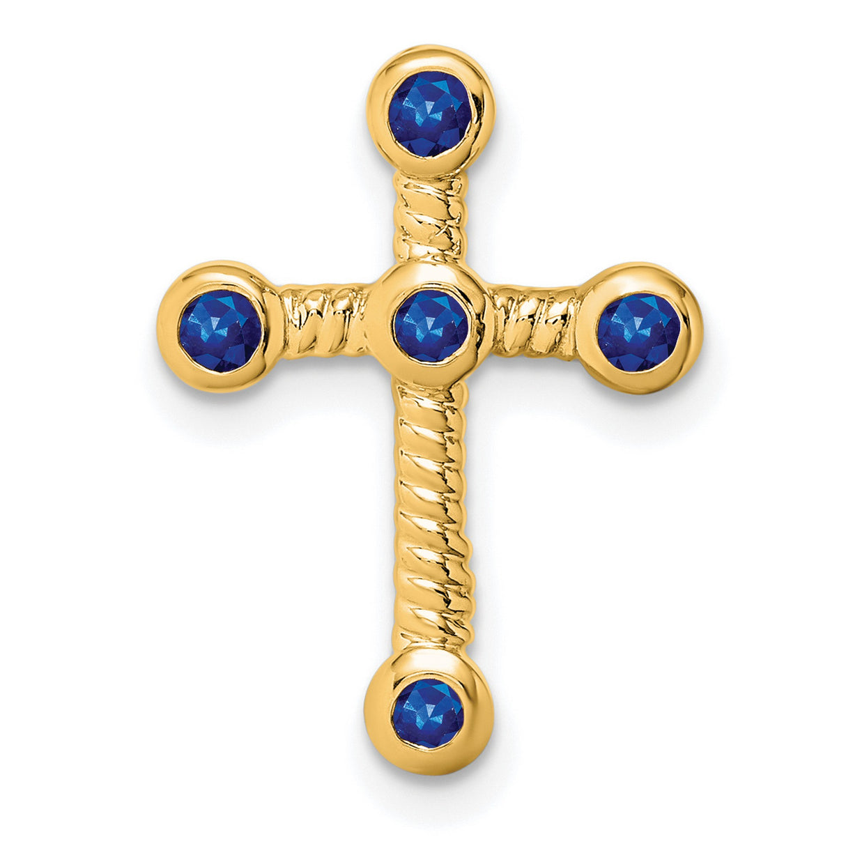 10k Yellow Gold Cross Pendant with Sapphire, Rope Texture Design, Religious Charm