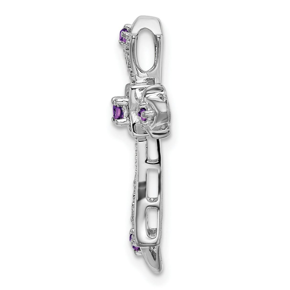 10k White Gold Cross Pendant with Amethyst and Diamond Accents, Fleur de Lis Style