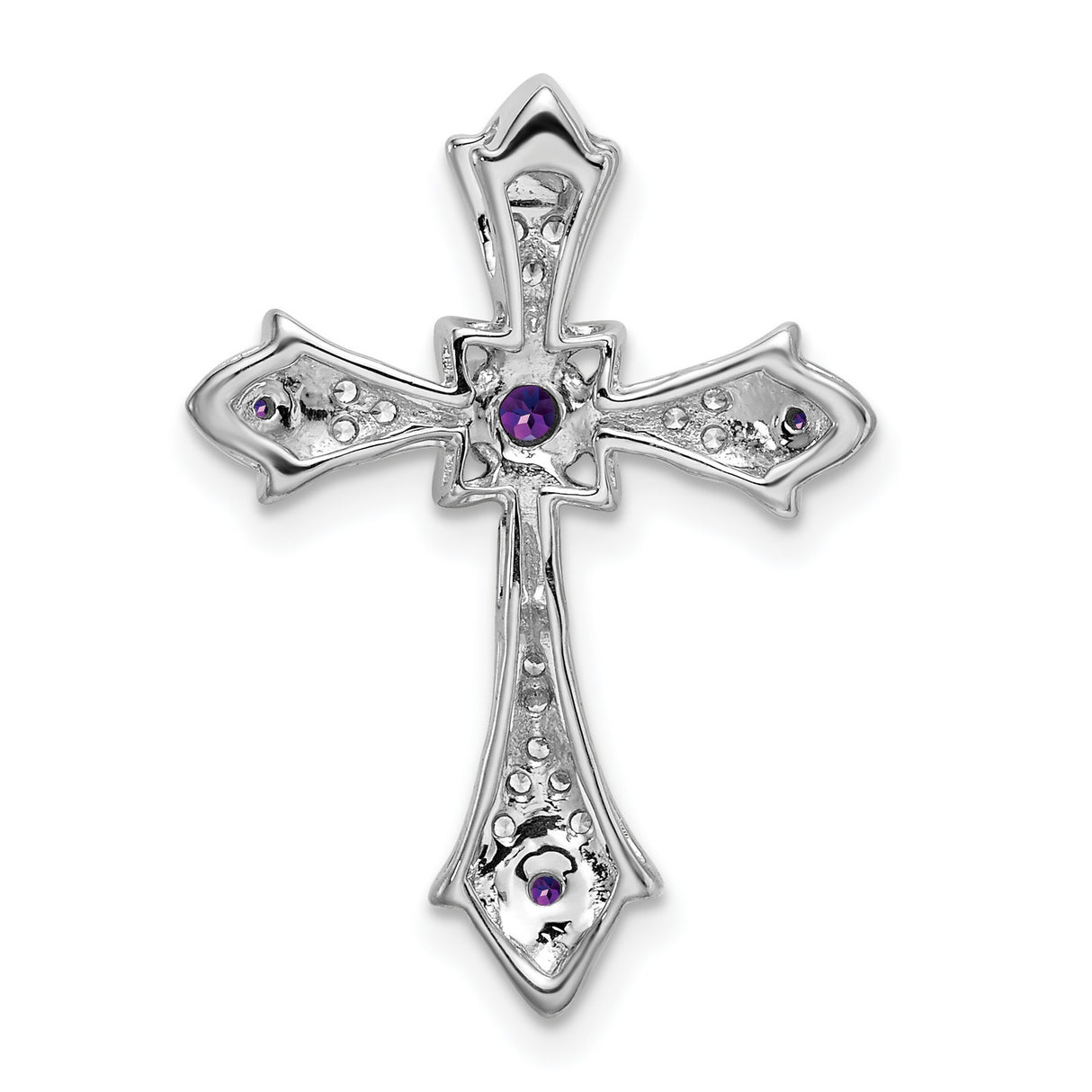 10k White Gold Cross Pendant with Amethyst and Diamond Accents, Fleur de Lis Style