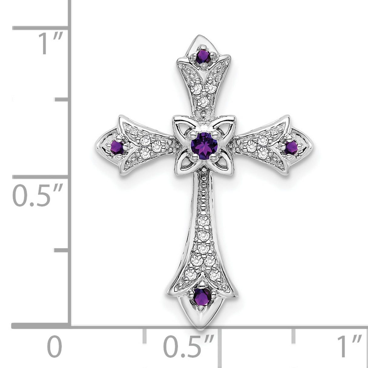 10k White Gold Cross Pendant with Amethyst and Diamond Accents, Fleur de Lis Style