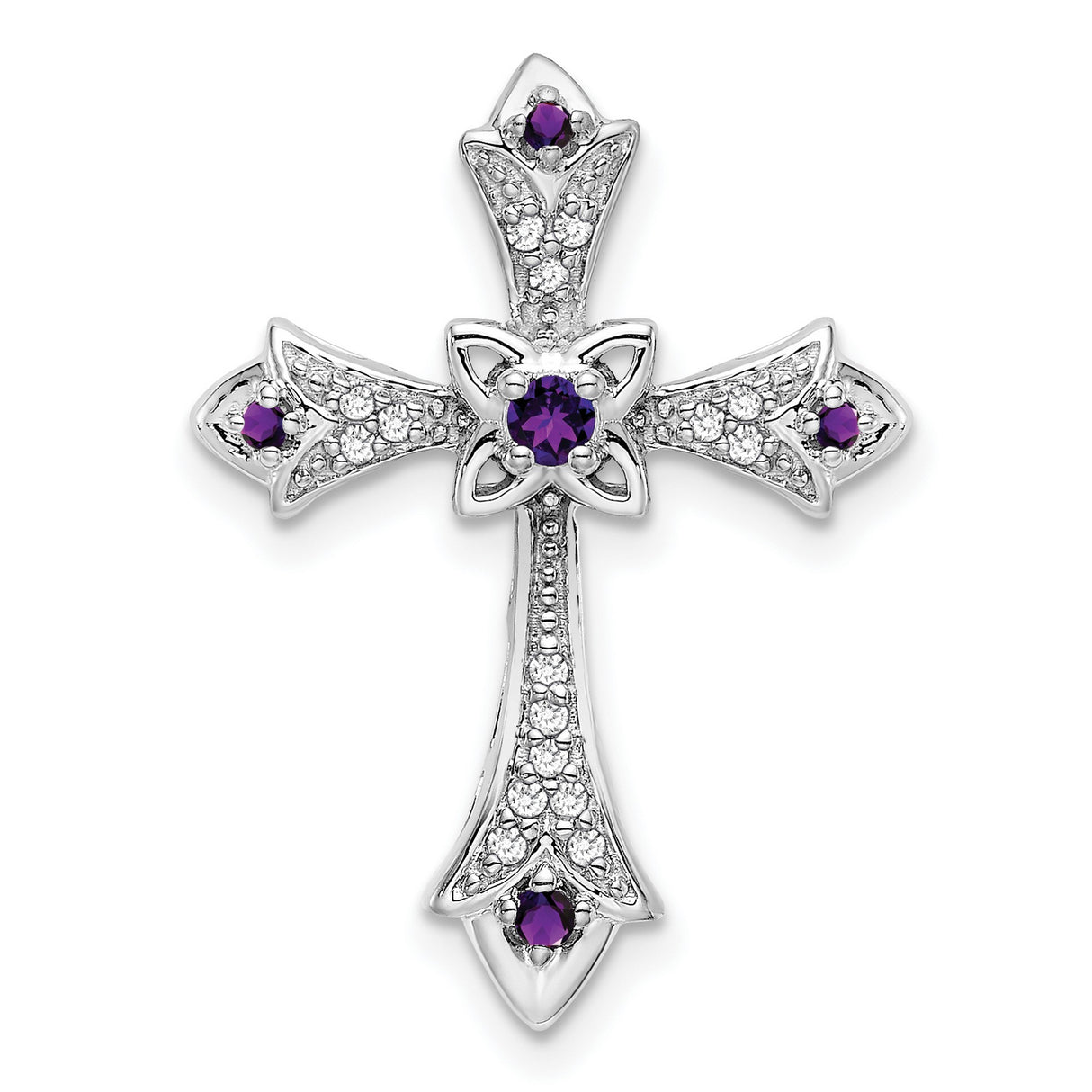 10k White Gold Cross Pendant with Amethyst and Diamond Accents, Fleur de Lis Style