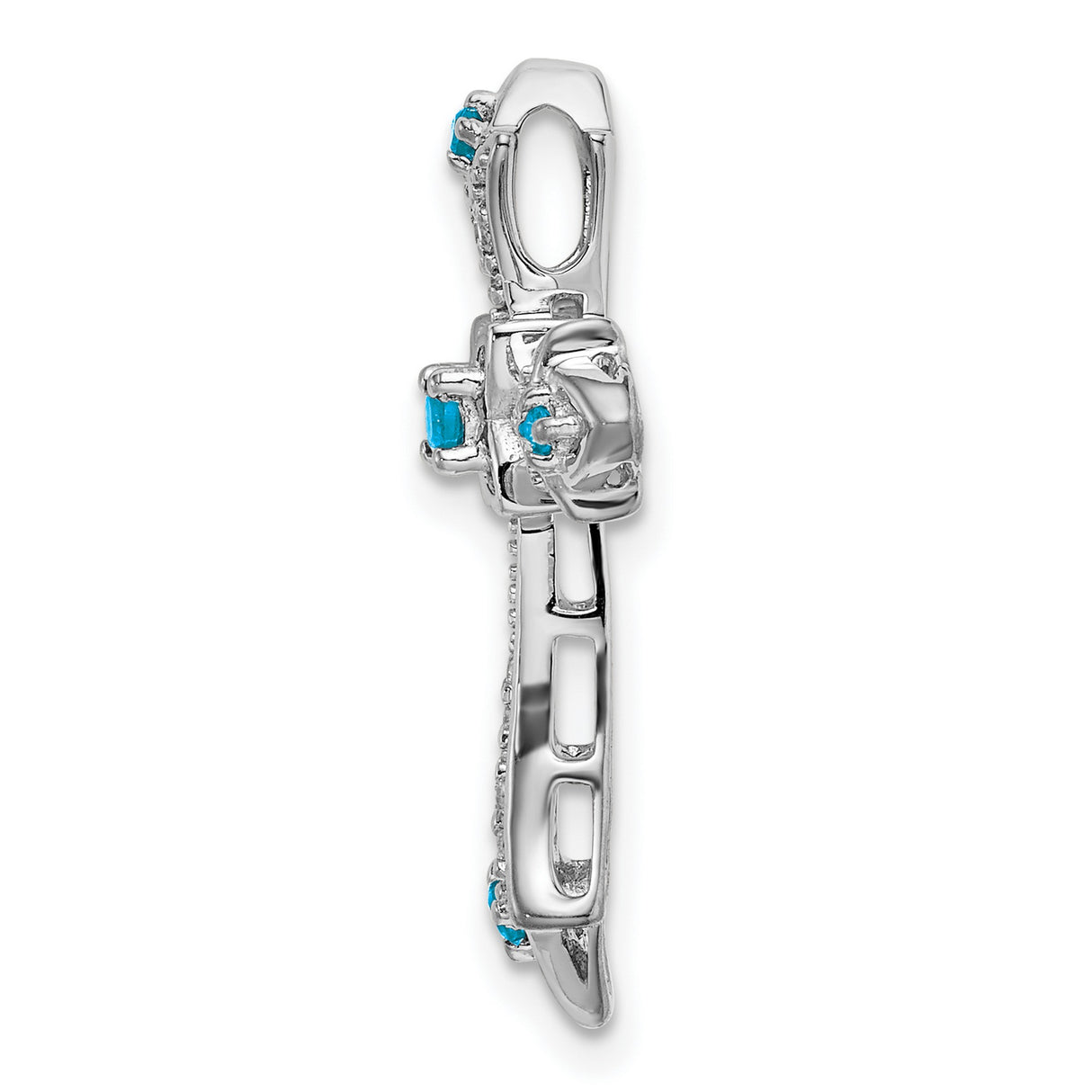 10k White Gold Cross Pendant with Swiss Blue Topaz and Diamond Accents, Fleur de Lis Style