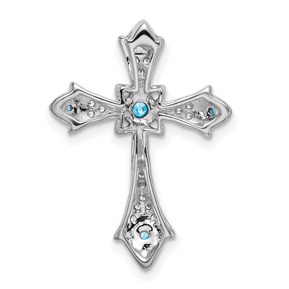 14k White Gold Fleur de Lis Cross Pendant with Blue Topaz and Diamonds