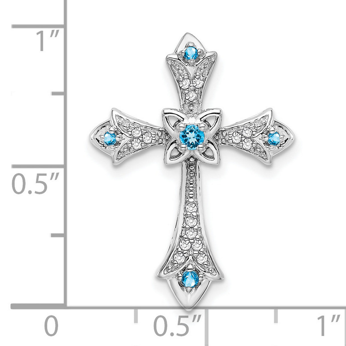 14k White Gold Fleur de Lis Cross Pendant with Blue Topaz and Diamonds