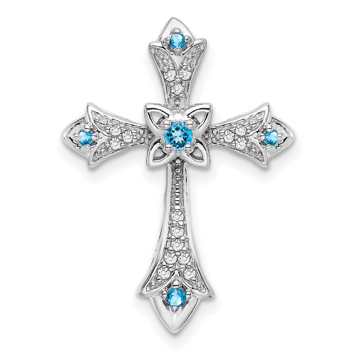 14k White Gold Fleur de Lis Cross Pendant with Blue Topaz and Diamonds