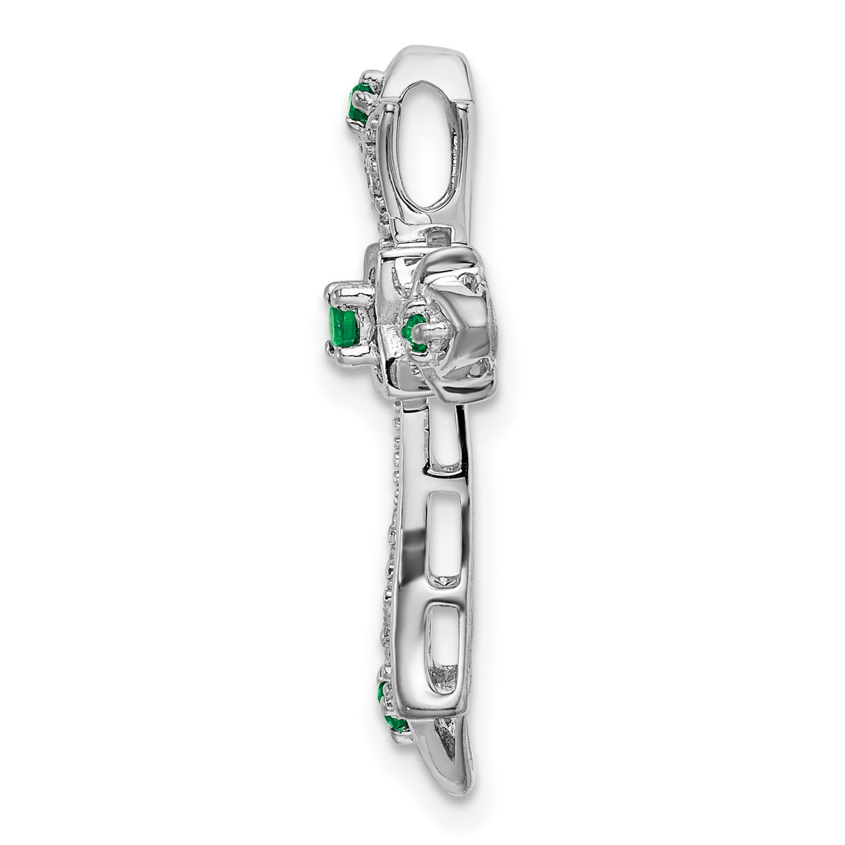 10k White Gold Cross Pendant with Emerald and Diamond Accents, Fleur de Lis Design