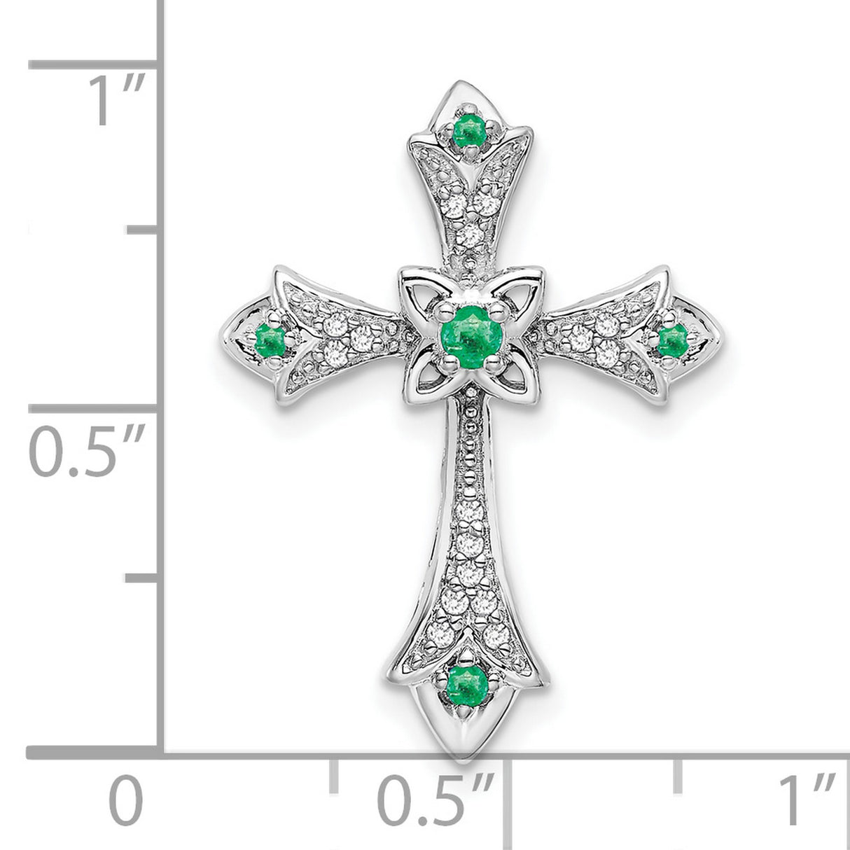 10k White Gold Cross Pendant with Emerald and Diamond Accents, Fleur de Lis Design