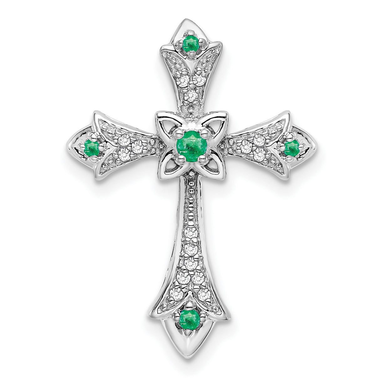 14k White Gold Cross Pendant with Emerald and Diamond Accents, Fleur de Lis Filigree Style