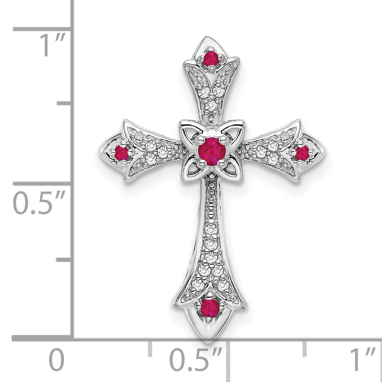 10k White Gold Fleur de Lis Cross Pendant with Rubies and Diamonds