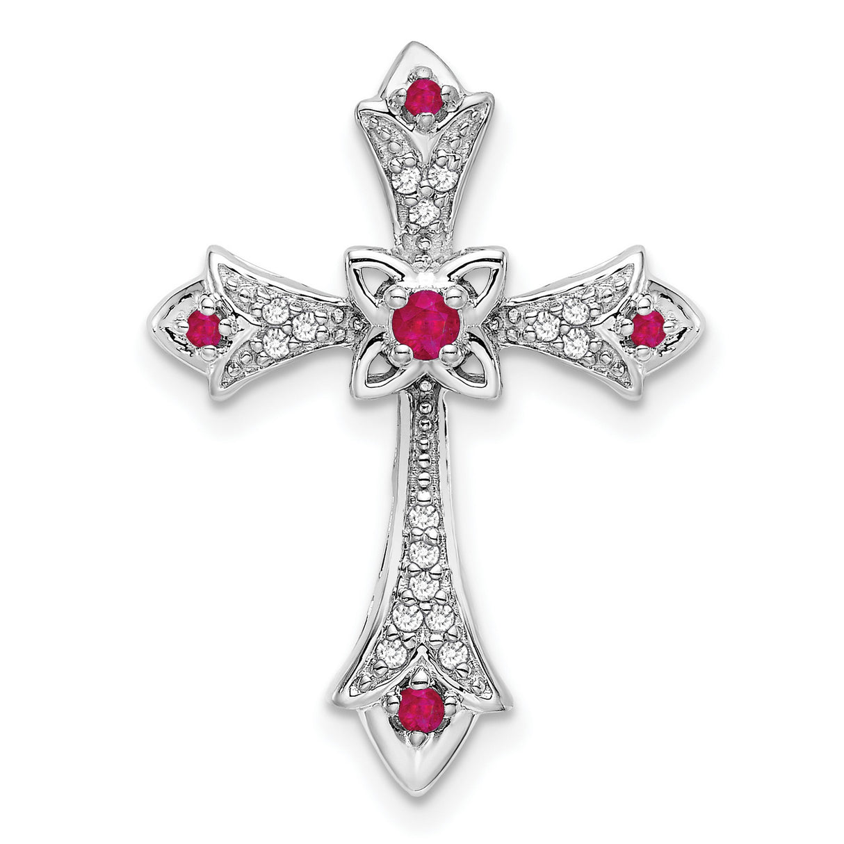 10k White Gold Fleur de Lis Cross Pendant with Rubies and Diamonds