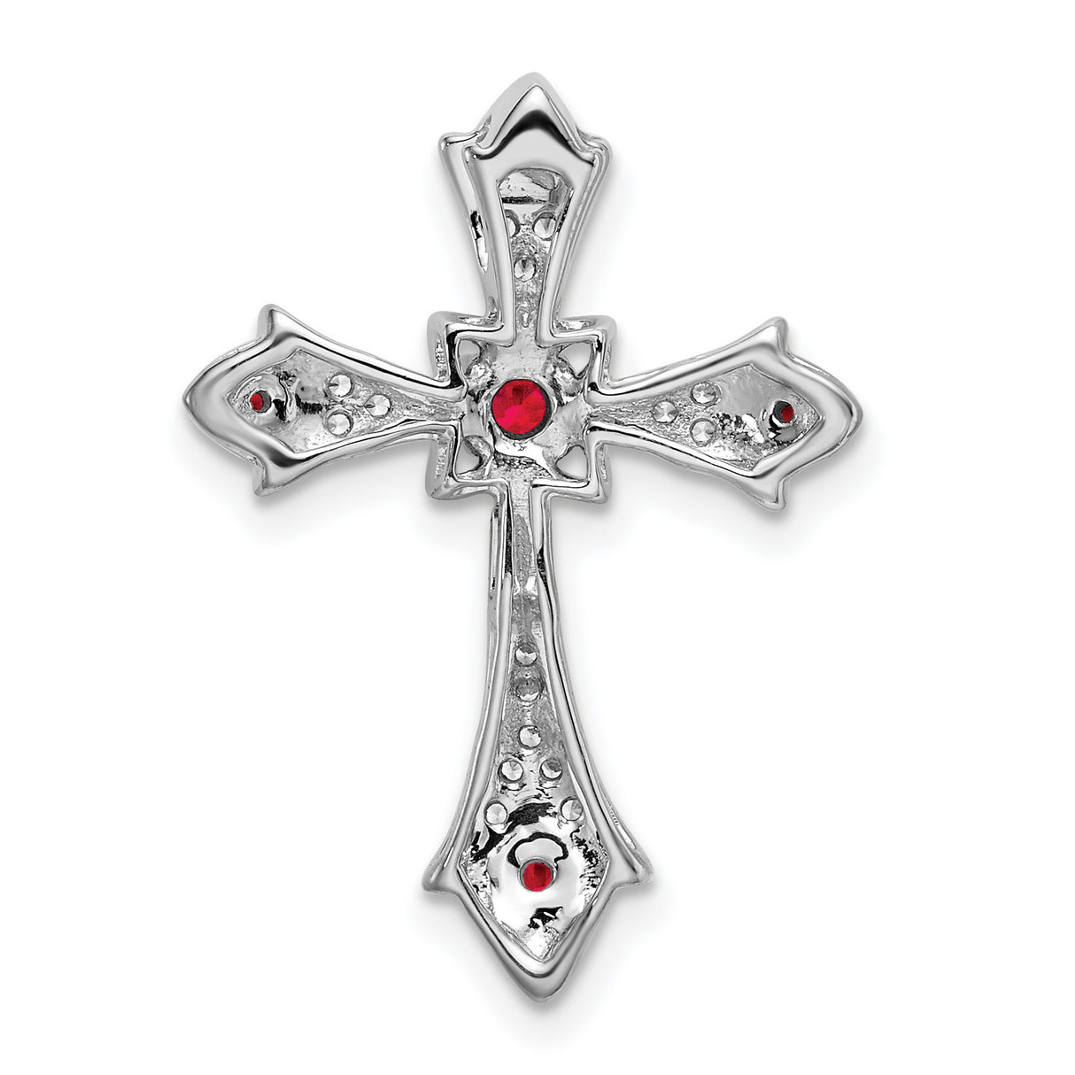 14k White Gold Cross Pendant with Ruby and Diamond, Fleur de Lis Vintage Style